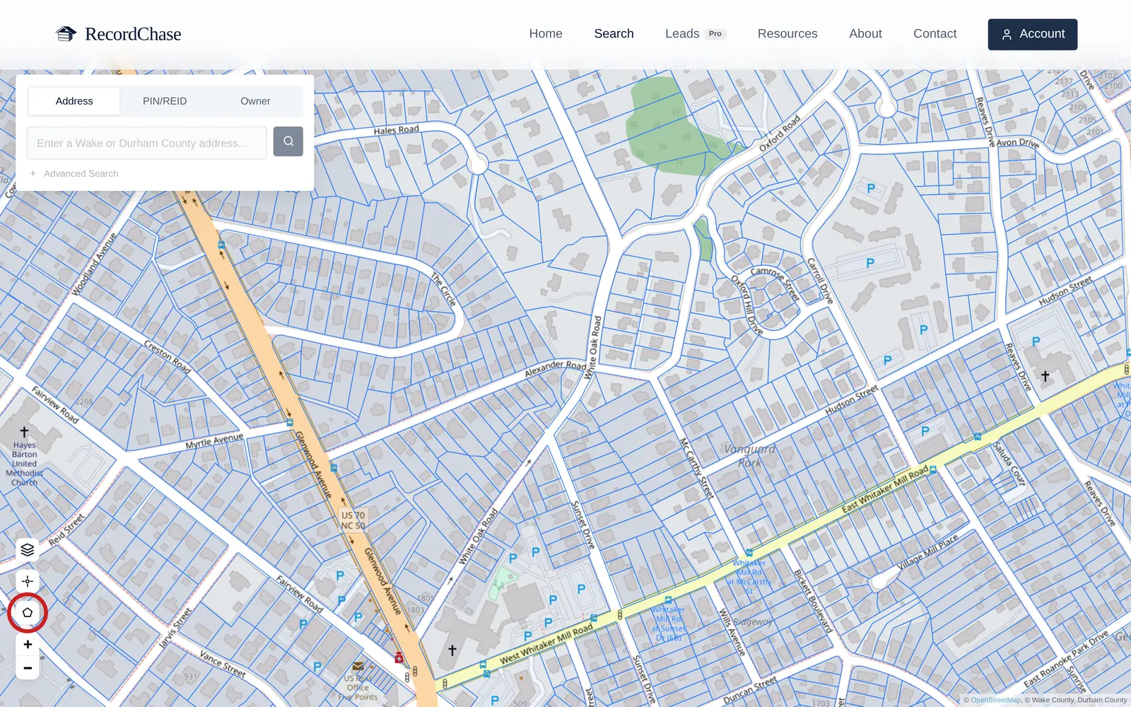 The RecordChase map at neighborhood zoom with the draw area control visible