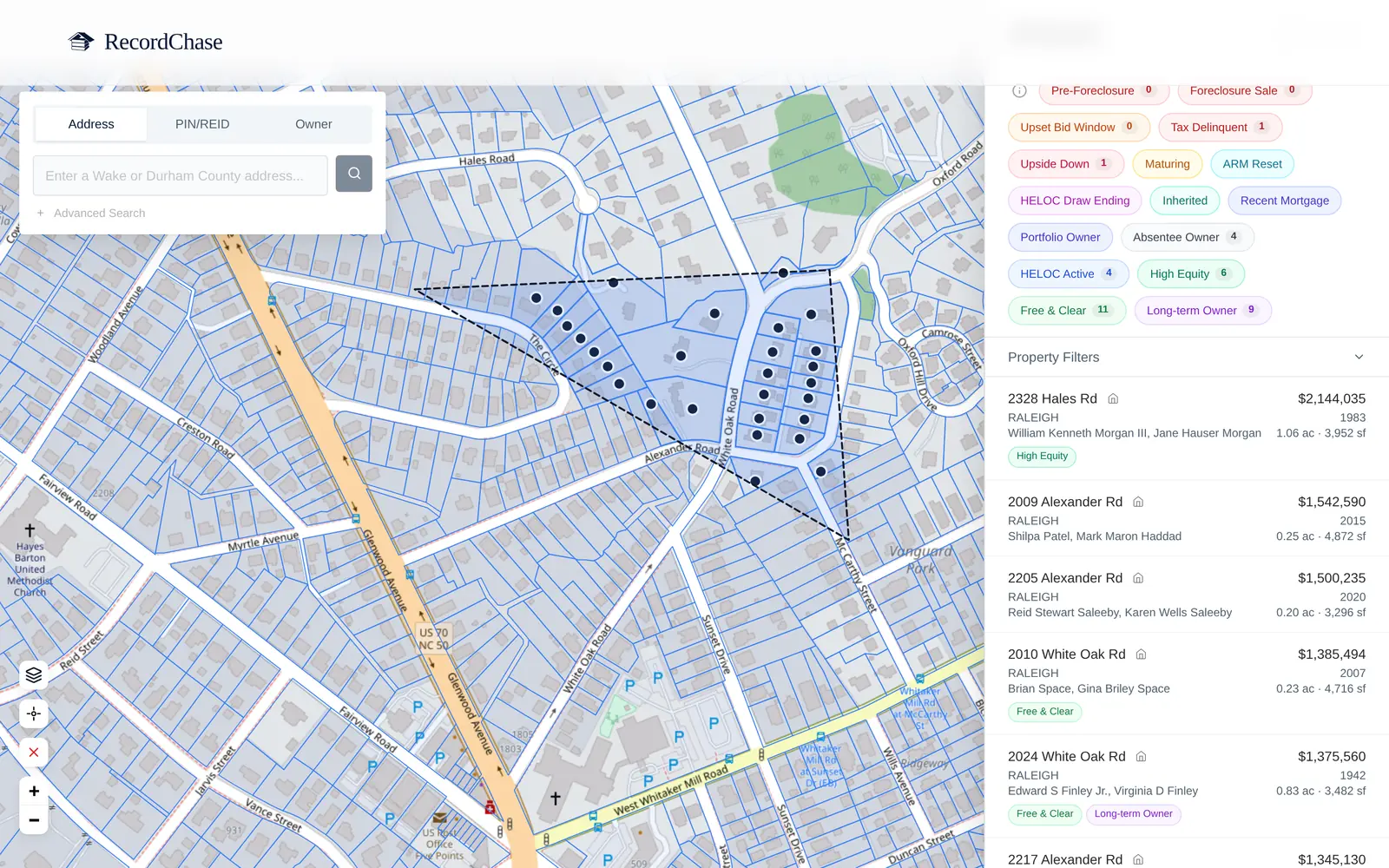 A completed polygon shading the search area with the results panel listing every property inside
